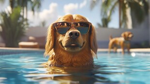 泳池中戴墨镜的欢乐金毛犬