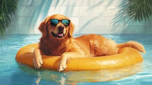 泳池中戴墨镜的惬意金毛犬