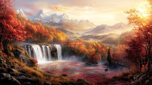 秋日山水间的梦幻瀑布美景