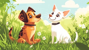 草地上的两只可爱小狗