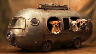 萌犬乘复古小房车惬意出行