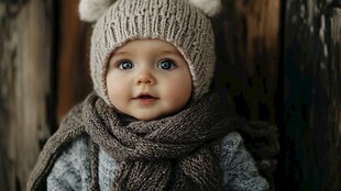 可爱萌娃戴帽围脖暖照