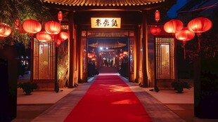 古雅门楼红灯映红地毯