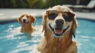 泳池中戴墨镜的欢乐金毛