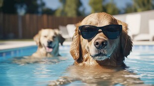 泳池中戴墨镜的帅气狗狗