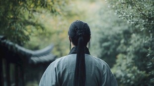 古风男子漫步清幽园林