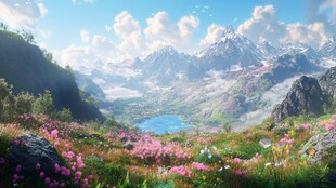 梦幻山间花海与湖景风光