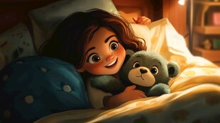 女孩与小熊温馨入眠时刻