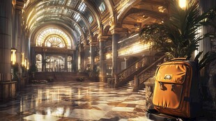 复古大厅中的亮眼背包