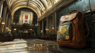 复古背包置于宏伟室内空间