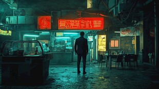 霓虹夜色下的街头独行者