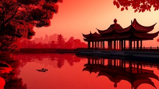 红韵古风湖畔亭阁美景