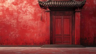 中式红墙木门古朴景致