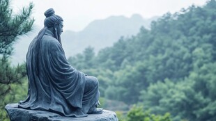 山林中古人雕像静立