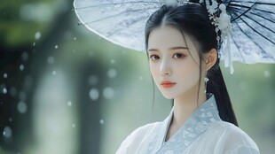 雨中持伞的古典温婉女子