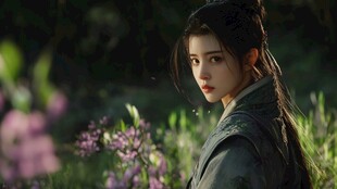 古装女子于花丛间的静美