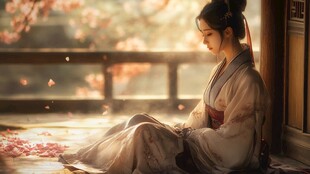 古风女子静赏落花之美