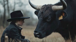 牧童与牛的温馨对视时刻