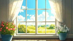 窗边美景 繁花与绿野风光