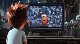 小男孩惊视电视中众多怪物