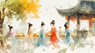 古风佳人庭院雅聚赏景