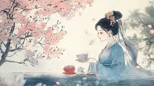 春日佳人品茶赏樱图