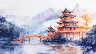 水墨江南古风楼阁山水景