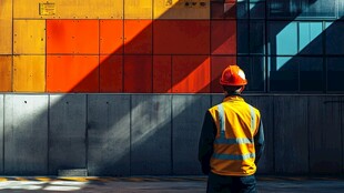 工人背对多彩墙面的身影