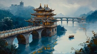古风山水间的楼阁石桥美景