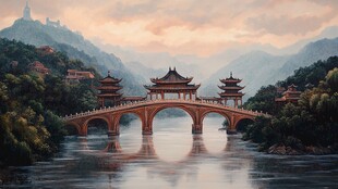 古风桥畔山水间的诗意景致