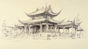 中式古建筑手绘图景