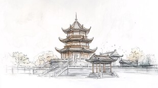 古风楼阁景致手绘图
