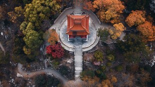 秋日山林中的古朴红顶建筑