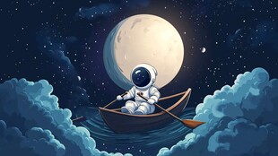 宇航员泛舟云端赏月