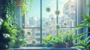 窗边绿植与虚拟病毒景象