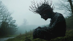 雾中枯树缠绕的孤独雕塑