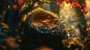 温馨鸟巢中的栖息小鸟