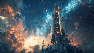 梦幻星空下的火箭发射场景