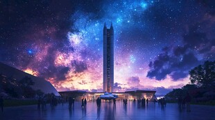 梦幻星空下的高耸建筑