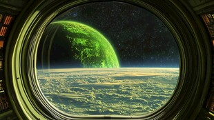 透过舷窗看梦幻绿色星球