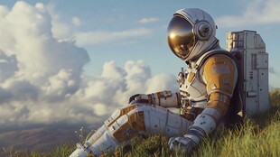 宇航员静坐在草地仰望天空