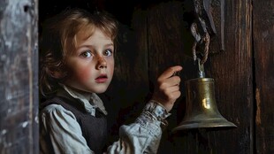 小女孩轻触古老铜铃