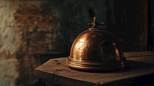 复古铜质铃铛置于旧木桌