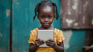 非洲小女孩专注玩平板电脑