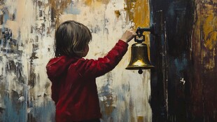 小孩敲响古旧门铃瞬间