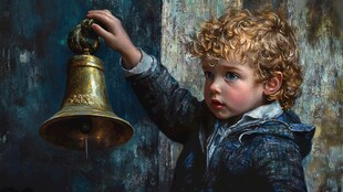 小男孩手握古旧铜铃