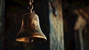 古朴铜铃悬挂于木间