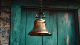 复古铜铃悬于绿旧门前