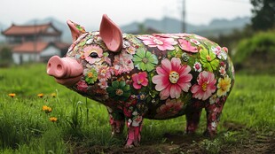 彩绘花猪立于绿野间