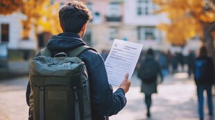 男生手持纸张走在校园路上